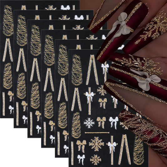 6 Sheets Christmas Snowflake Nail Stickers Bow French Nail Art Stickers Gold Glitter Line Bow 3D Self Adhesive Nail Decals Gold White Snowflake Nail Supplies Nail Decoration for Women DIY Manicure