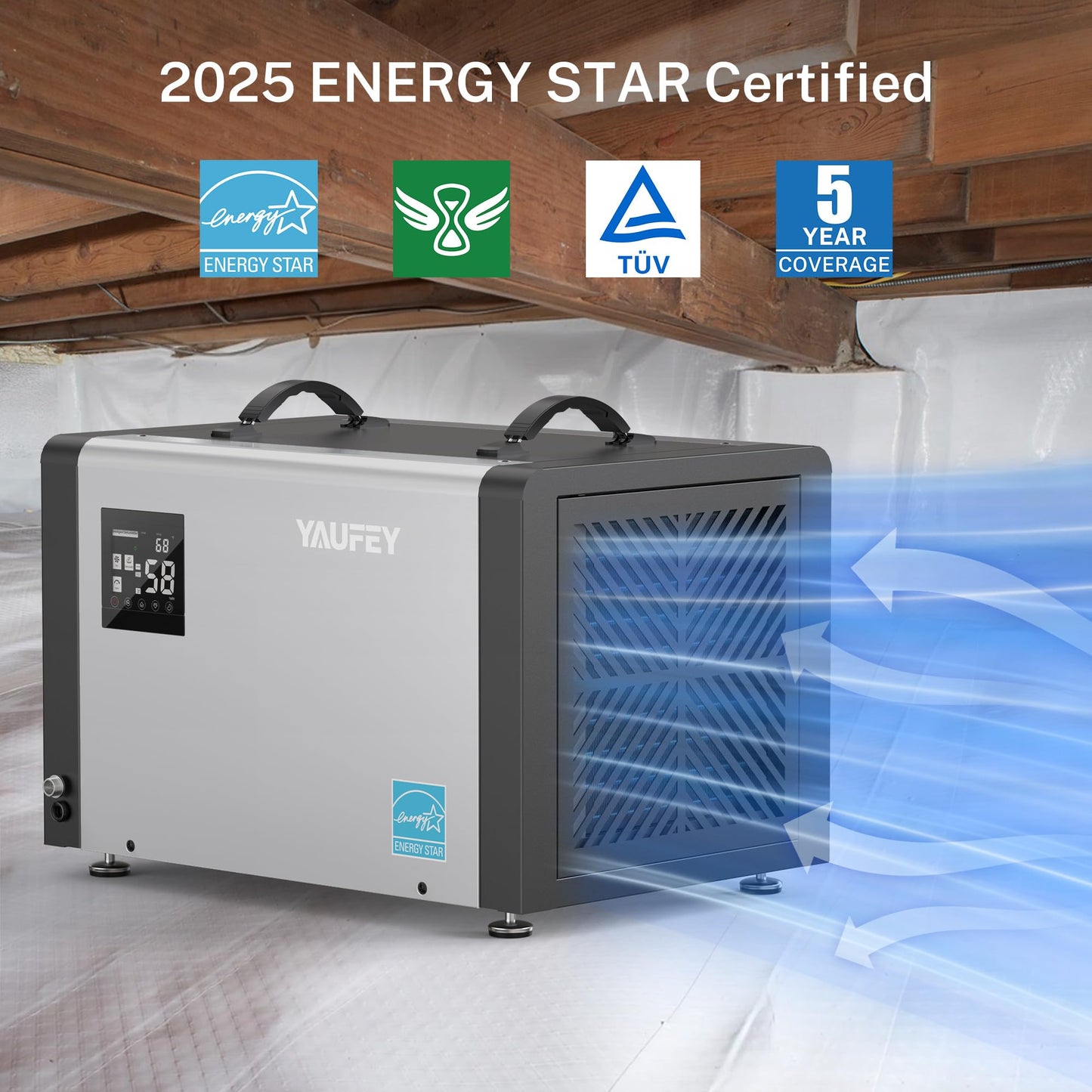 Yaufey 70 Pint Energy Star Commercial Dehumidifier with Pump for Crawl Space, Basement, Industrial, up to 5,000 Sq. Ft., 10%-98% RH Humidity Control, Auto Defrost, TUV Certified, 5-Year Coverage