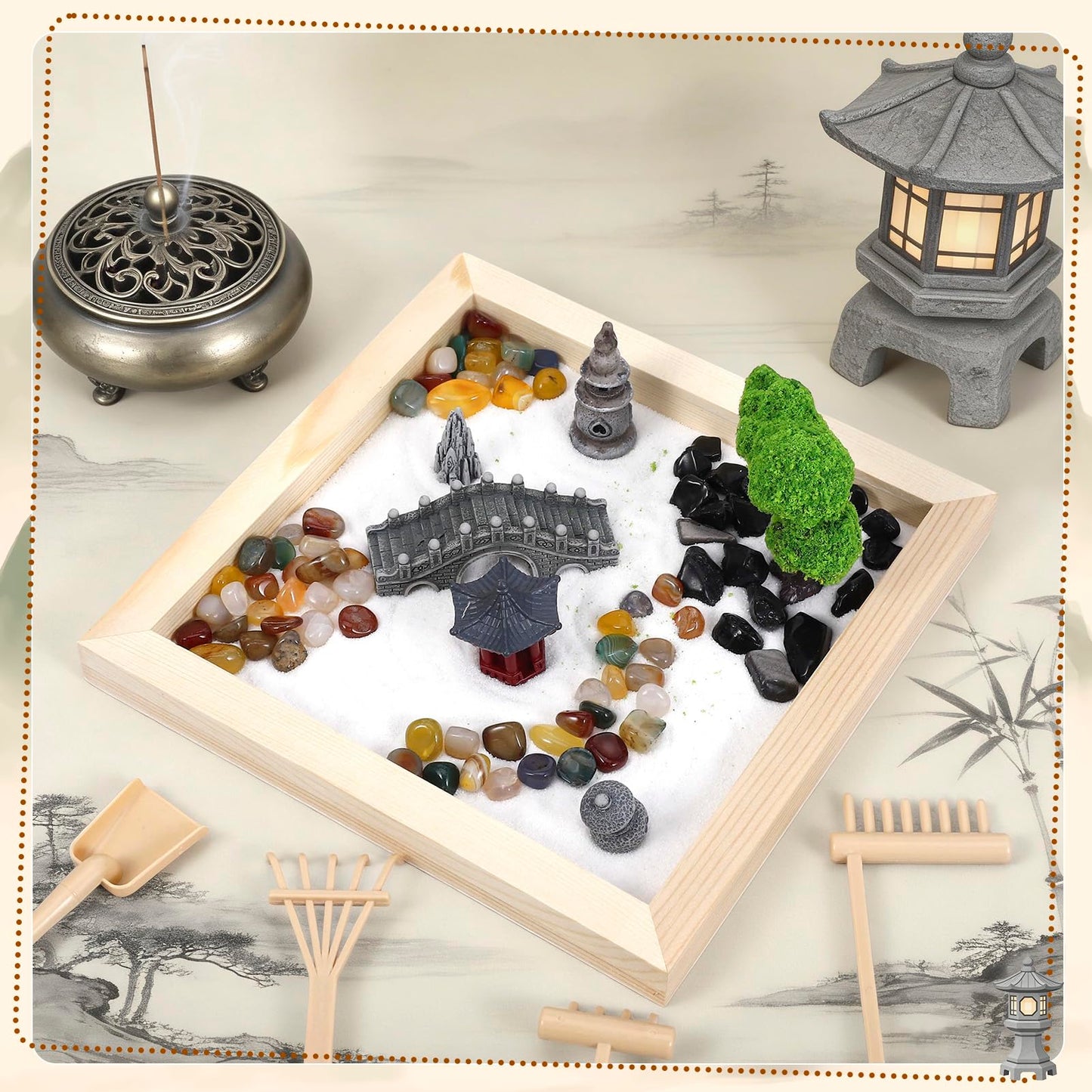 Angirlish 25PCS Zen Garden Kit for Desk Decor, 7.87" Sand Zen Garden Gifts Mini Sandbox Set Included Wooden Tray Rake Tools and Accessories, Sand Tray Therapy for Meditation Room Office Home(Park