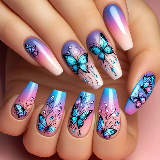 Spring press-on nails long ballet false nails with blue butterfly pattern false nails blue gradient cute leaves acrylic nails summer women's nail decoration 24 pieces