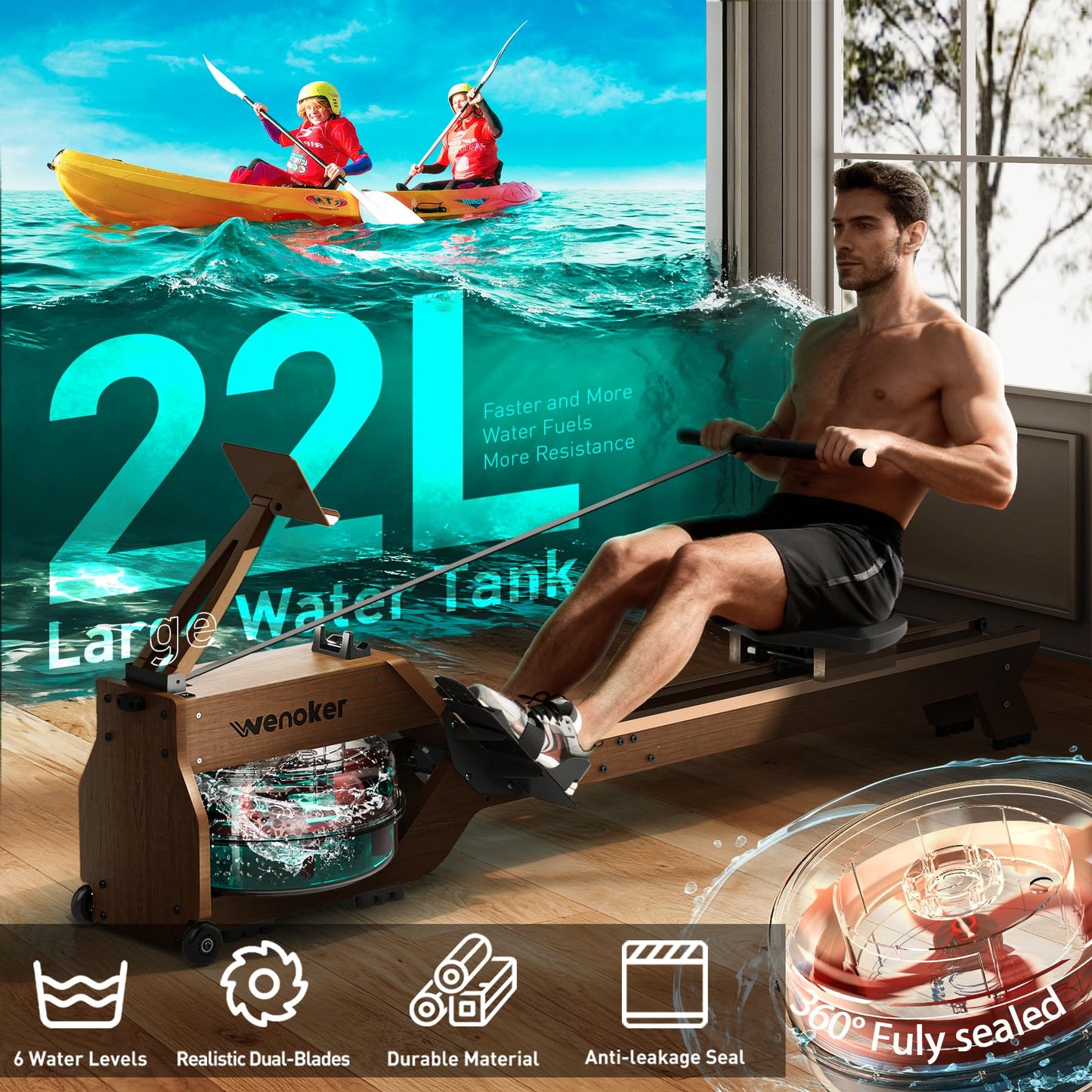 WENOKER Water Rowing Machines for Home Use, Rower Machine with Smart Electronic Knob,Wooden Row Machine with LCD Monitor & Comfortable Seat, Bluetooth App Compatible for Home Gym Exercise 350 LBS