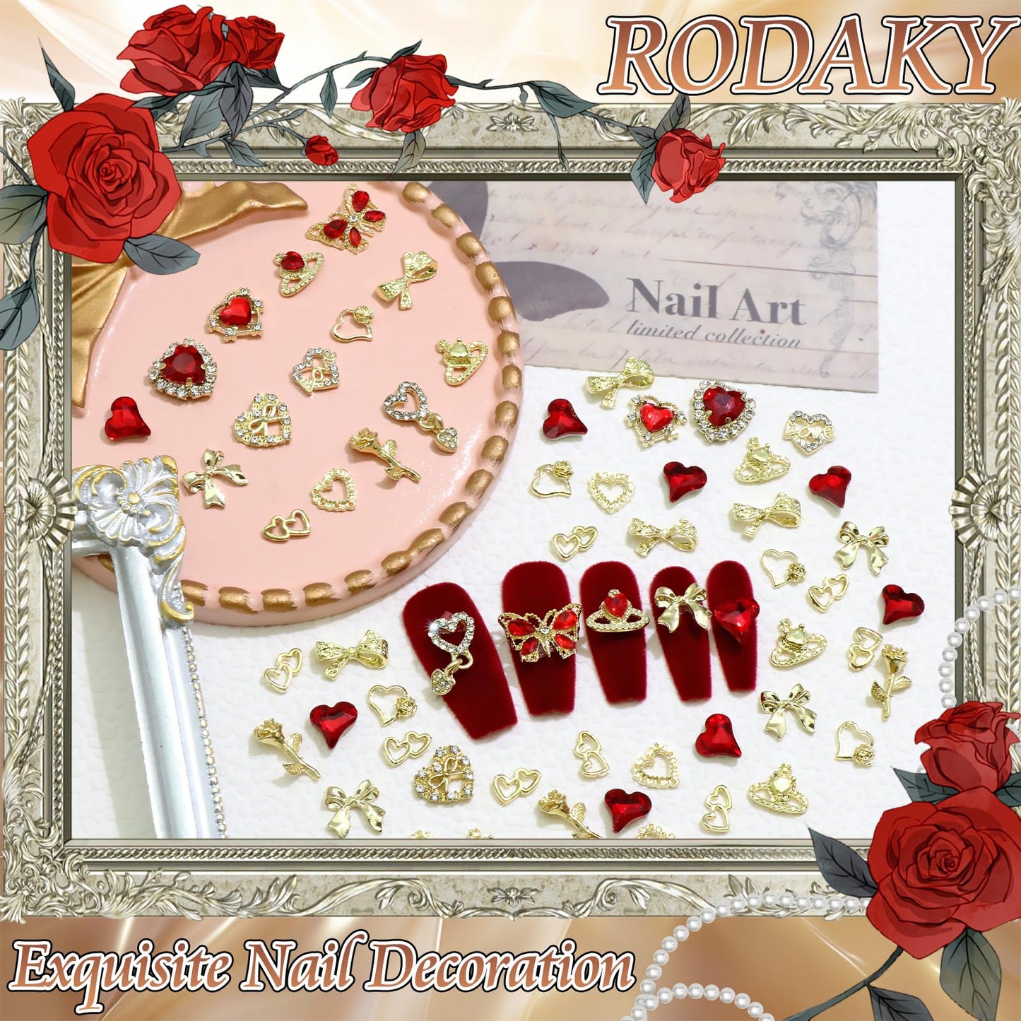 RODAKY 64PCS Red Heart Nail Charms Valentine's Day Nail Jewelry Crystal Butterfly Heart Gems for Nails Art Gold Bow Rose Flower Nail Decoration for Women Manicure Vday