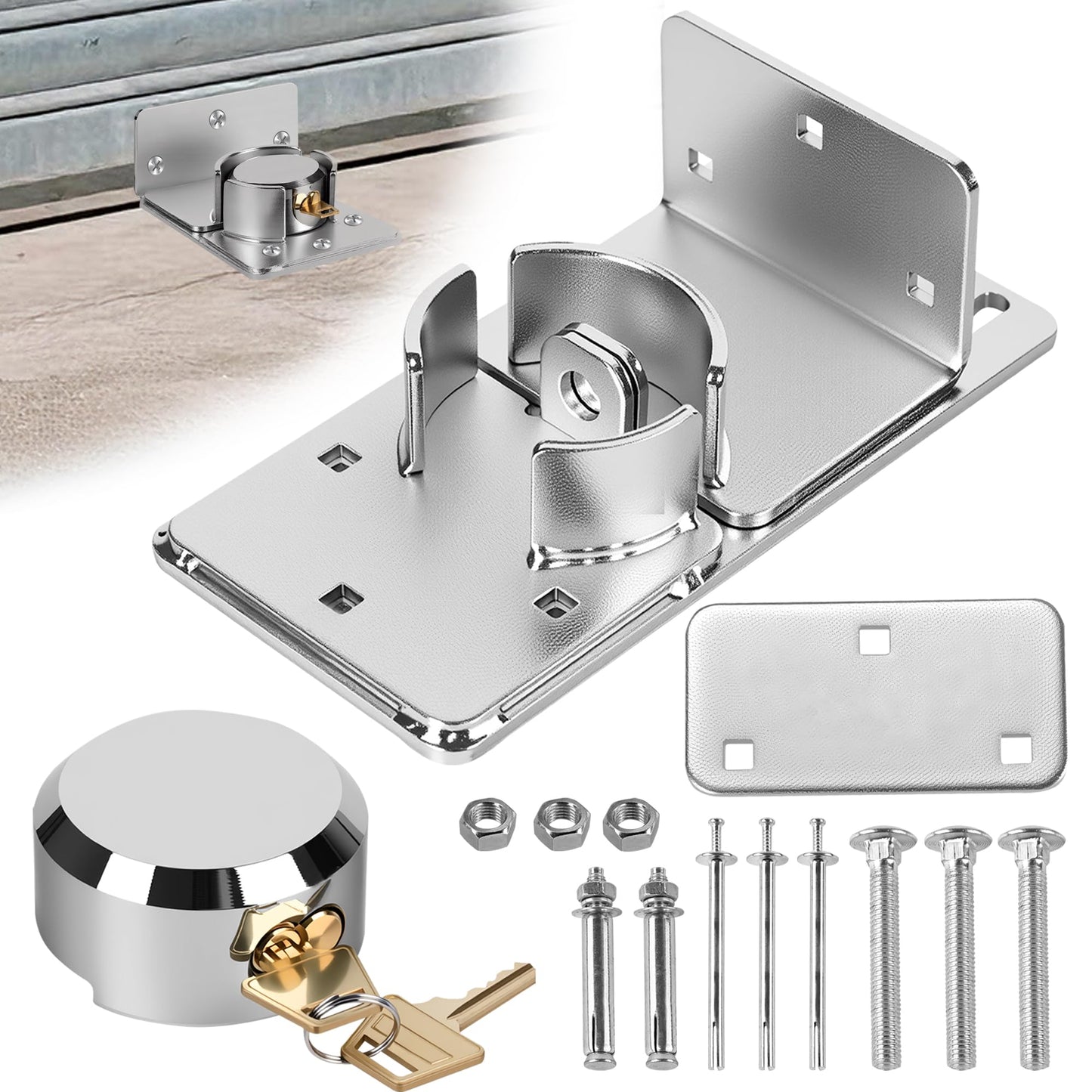 Heavy-Duty Solid Steel Roll-Up Door Lock，High-Security Hidden Shackle Padlock and hasp Set, Comes with 2 Keys, specifically Designed for Garage Doors to Prevent Unauthorized External Access