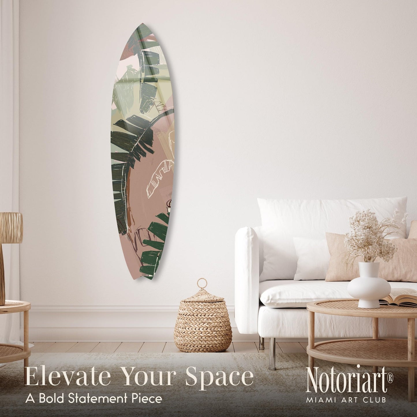 Notoriart Muted Botanical Surfboard Acrylic Wall Art Die-Cut Coastal Modern High-Gloss Home Decor, 15" x 60"