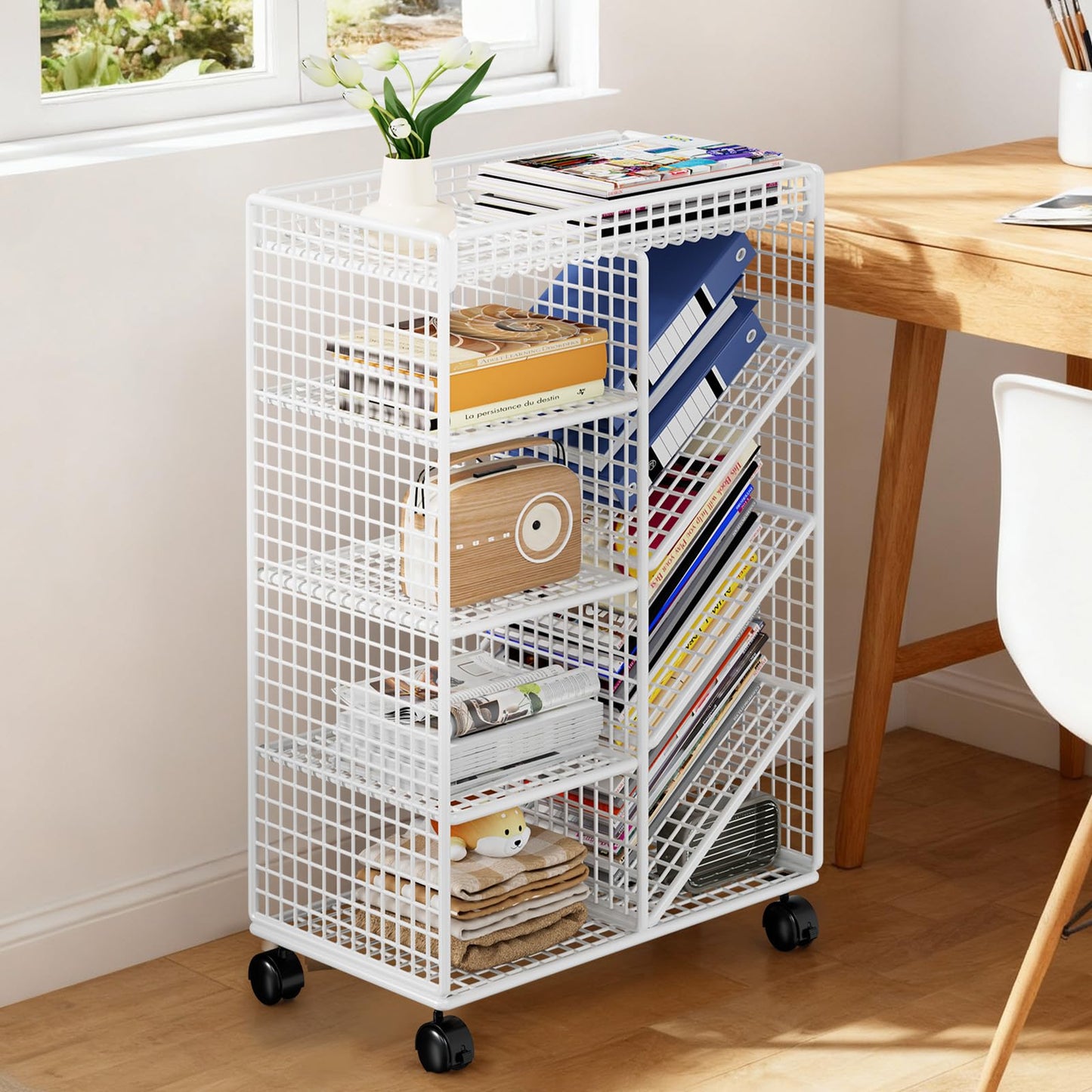 LOVEWE Letter Trays & Stacking Supports Multi-Layer Metal Storage Cart – 3/4-Tier Rolling Utility Organizer, Heavy-Duty Wheels for Easy Mobility，Office & Home Desk Paper File Rack for Books(White)