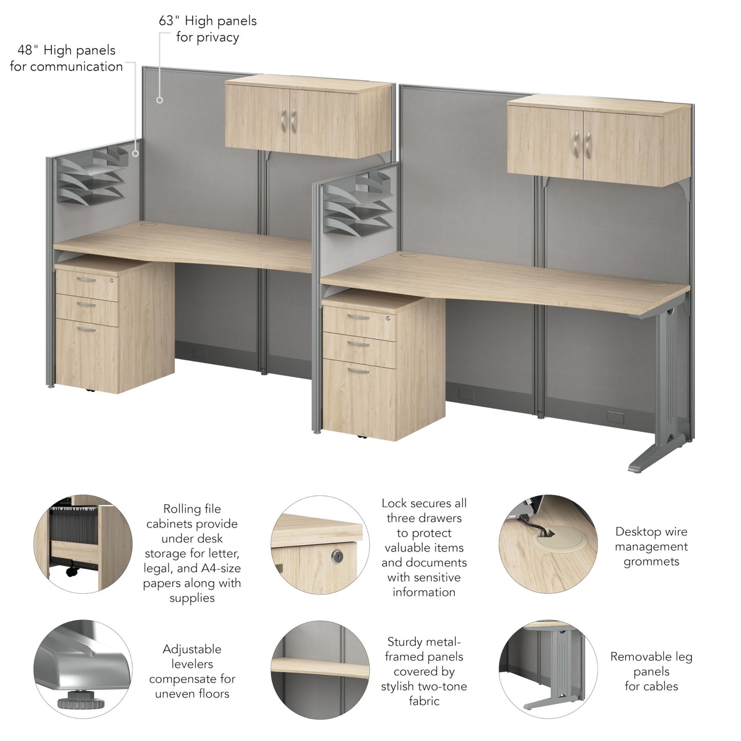 Bush Business Furniture 2 Person Cubicle Desks with Storage, Drawers, and Organizers, Office in an Hour Collection, Natural Elm