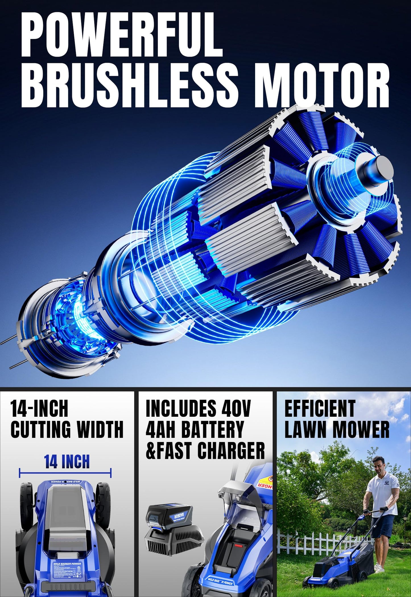 Wild Badger Power 40V 14″ Cordless Lawn Mower Brushless,5,445 sq ft/0.125 ac,1×4.0Ah Battery & Fast Charger, 5-Position Height,for Townhomes & Small Yards