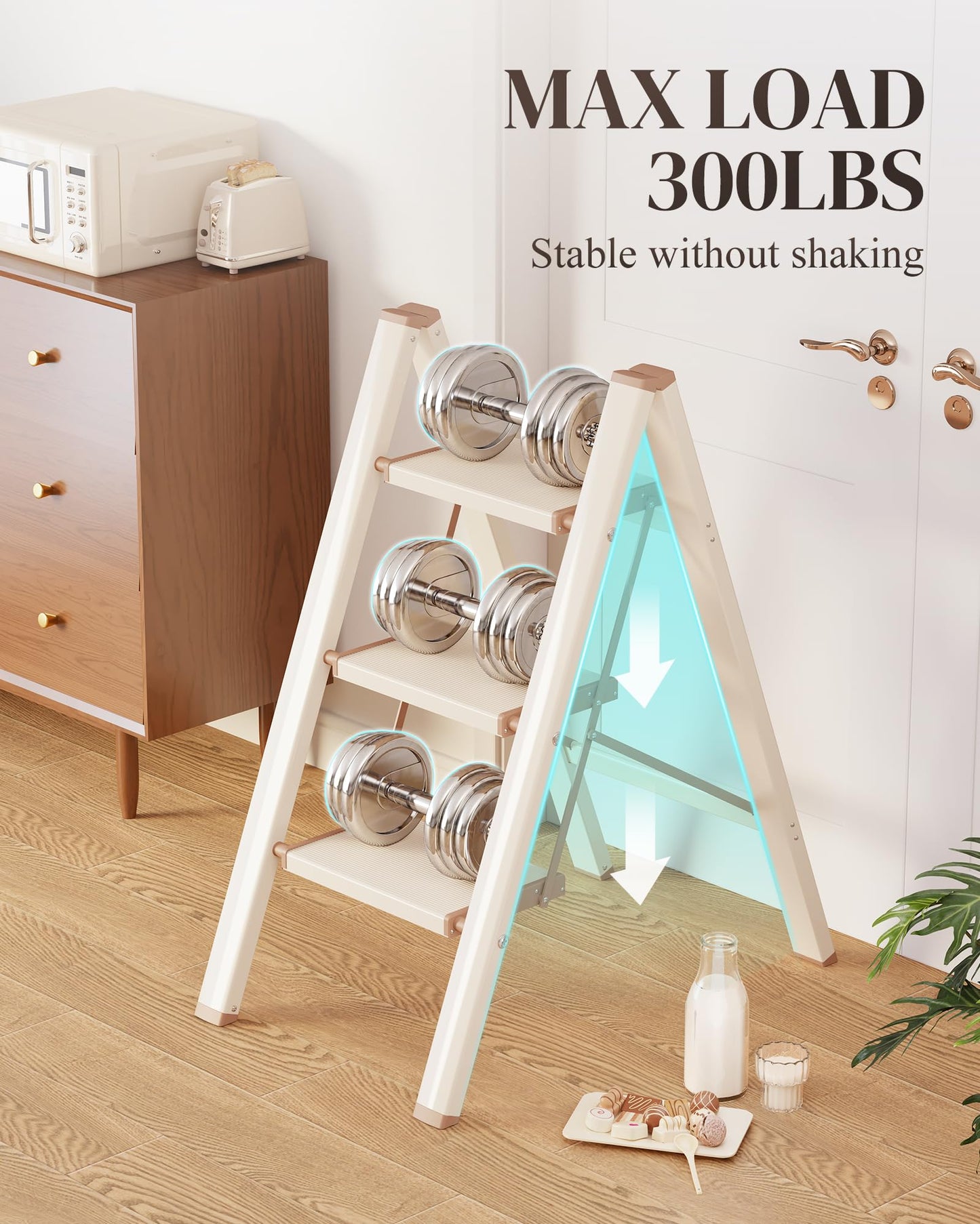 GameGem 3 Step Ladder, Folding Step Stool with Wider Pedal, Anti-Slip Feet & Non Slip Stripes, Aluminum Sturdy Material, 300Lbs Capacity, Elegant Look of Cream Chocolate Better Matches Your Home