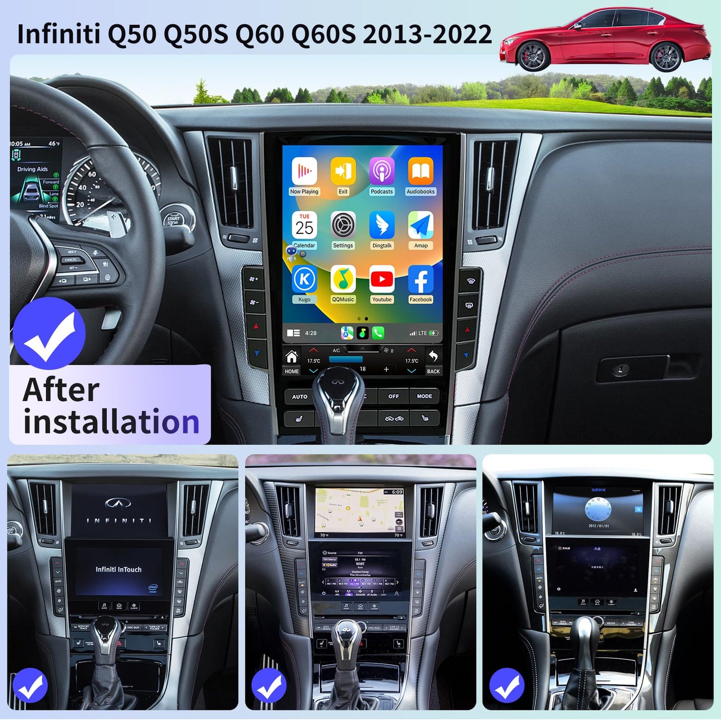Car Radio for Infiniti Q50 Q50S Q60 Q60S 2013-2022 Replacement Stereo Carplay Upgrade 12.1" Display Screen Android Auto GPS Navigation Tesla Style with DSP Bluetooth in Dash Headunit