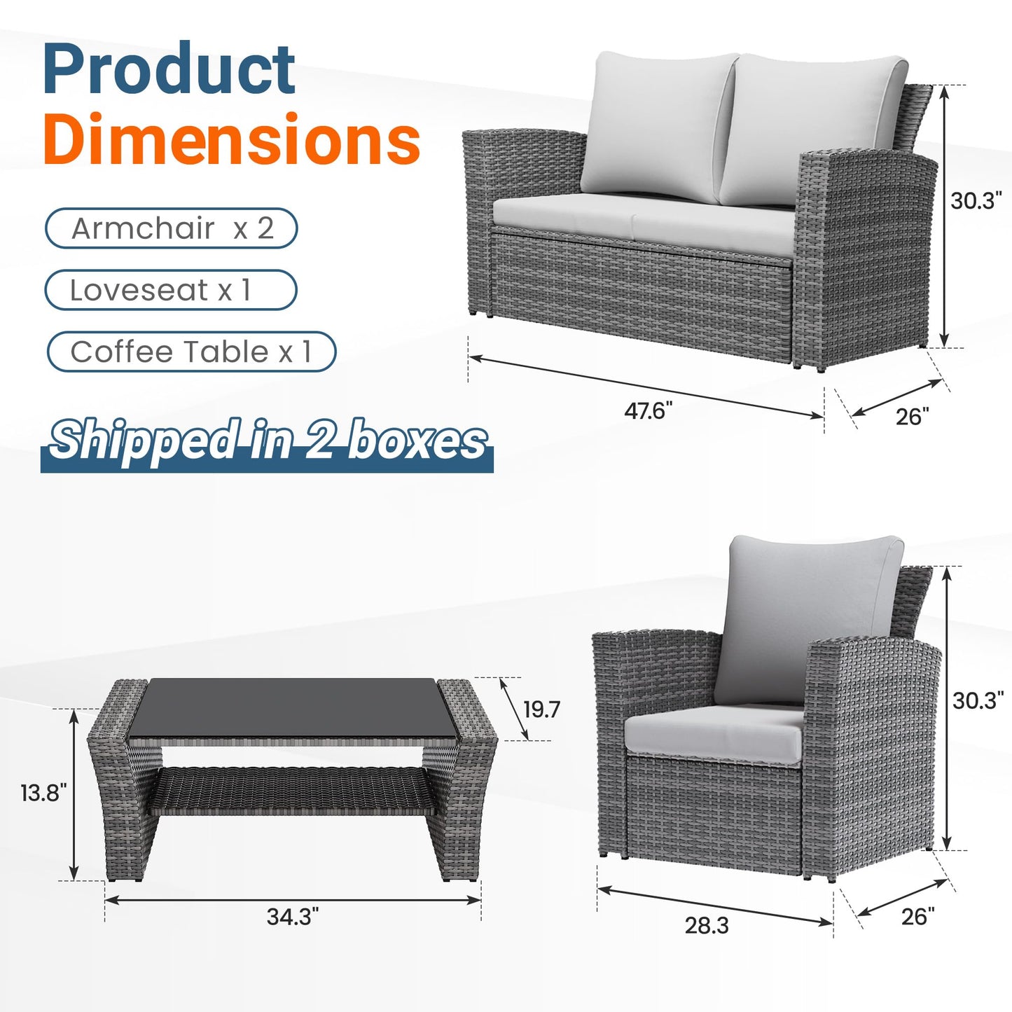 Wisteria Lane 4 Piece Patio Furniture Set, Wicker Outdoor Patio Conversation Furniture Set, All Weather Outdoor Patio Sofa with Cushion and Glass Table, Ash Gray