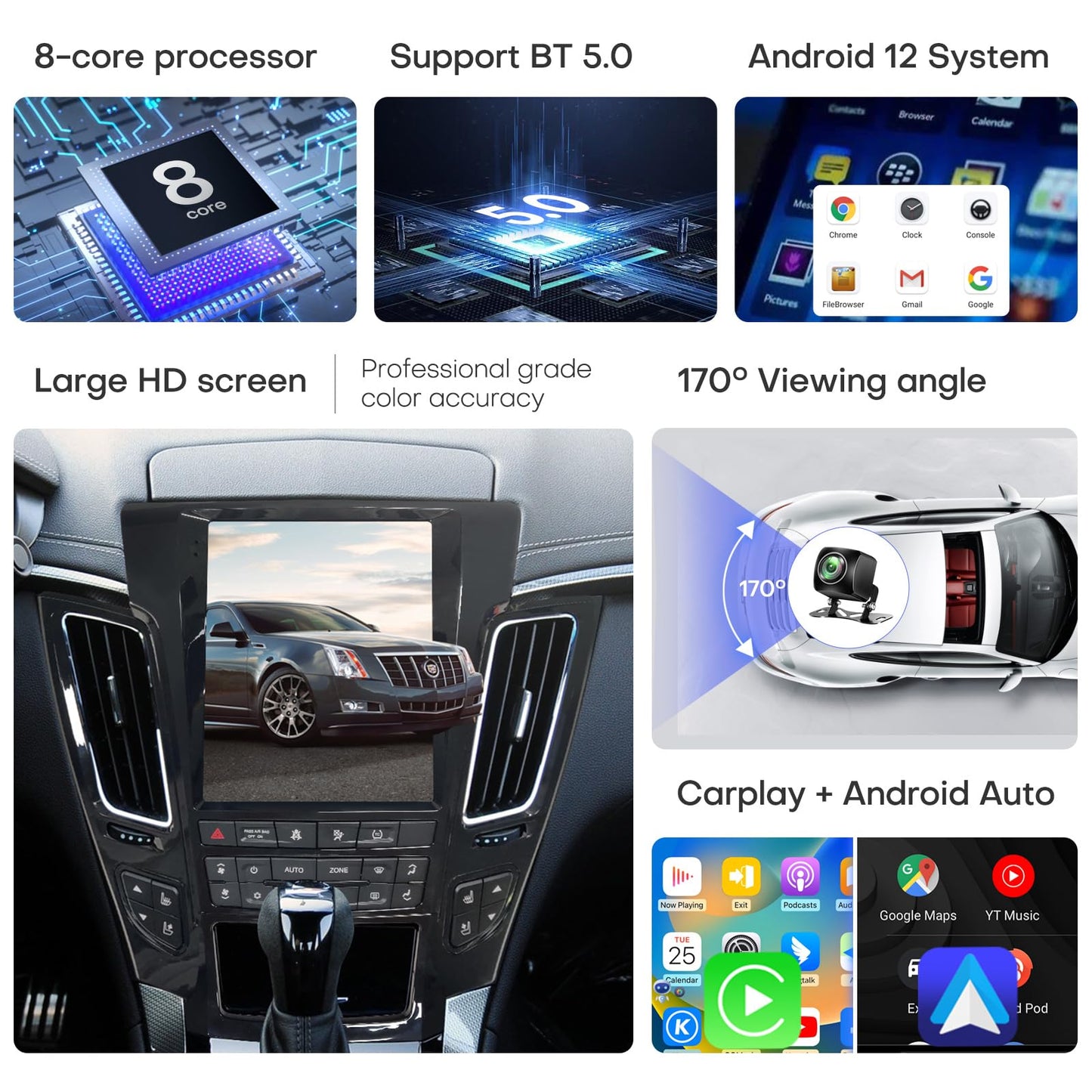 Car Radio for Cadillac CTS 2008-2012 Stereo Replacement Upgrade Carplay Android Auto Vertical Touch Screen Tesla Style with DSP in Dash Headunit Multimedia Player Audio Voice Control (Black)