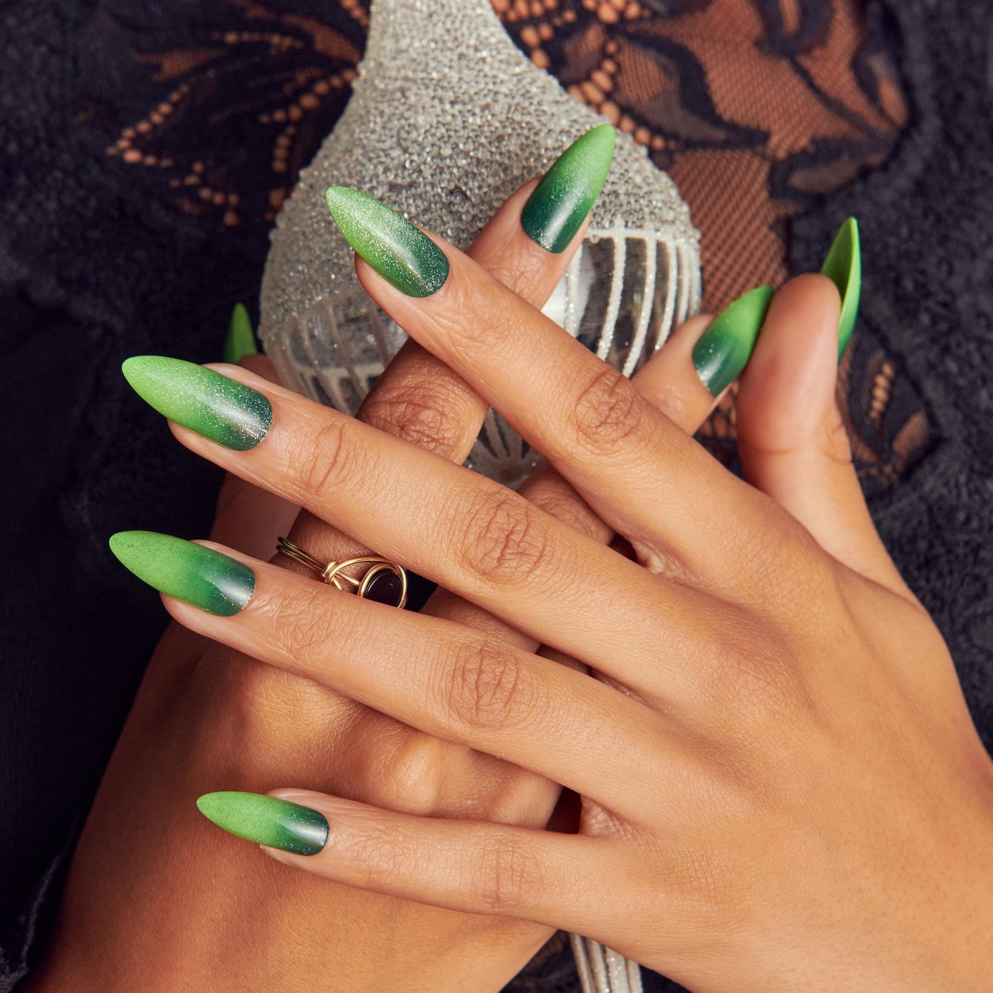 KISS X WICKED: FOR GOOD Press On Nails Almond, ‘I Feel Wicked’, Green, Long, Waterproof, Chip Proof, Smudge Proof, 28 Fake Nails, Pink Gel Nail Glue (2g), Mini Nail File, & Manicure Stick
