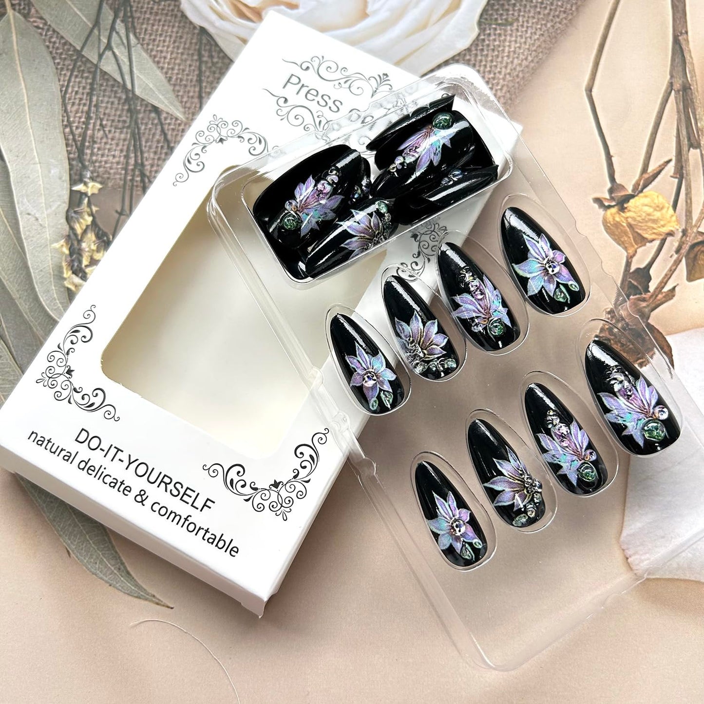 TBRZTR 24Pcs Black Press on Nails Almond Shaped Medium Flower with Rhinestones Design Full Cover Glossy Almond Fake Nail Reusable Artificial Stick on Nail Acrylic Press Ons Glue on Nail for Women