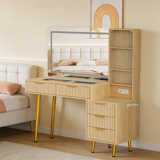 Garvee 48" Fluted Makeup Vanity Desk with Mirror and Lights, Glass Top Vanity Table with 5 Drawers, Open Shelf and Power Outlet, Modern Dressing Table for Bedroom and Living Room