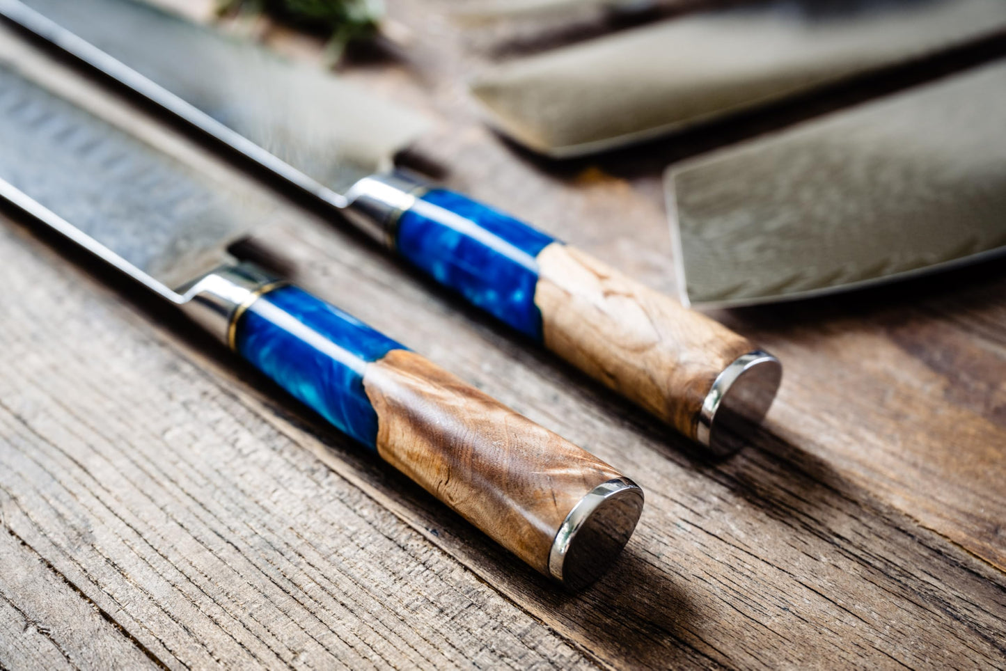 Epicurean Cook Damascus Kitchen Knife Set with VG10 Steel - 8-Piece Japanese Damascus Knife Set for Professional Performance - Ultra Sharp Chef Knives with Blue Resin Burl Wood Handles