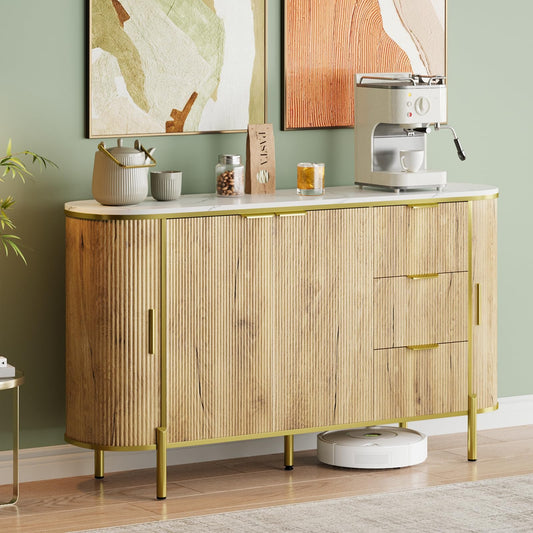 Sideboard Buffet Storage Cabinet, 60in Large Modern Fluted Cupboard Coffee Bar TV Console Cabinet with 3 Drawers and Adjustable Shelf for Kitchen Dining Room Entryway Living Room, Natural Oak