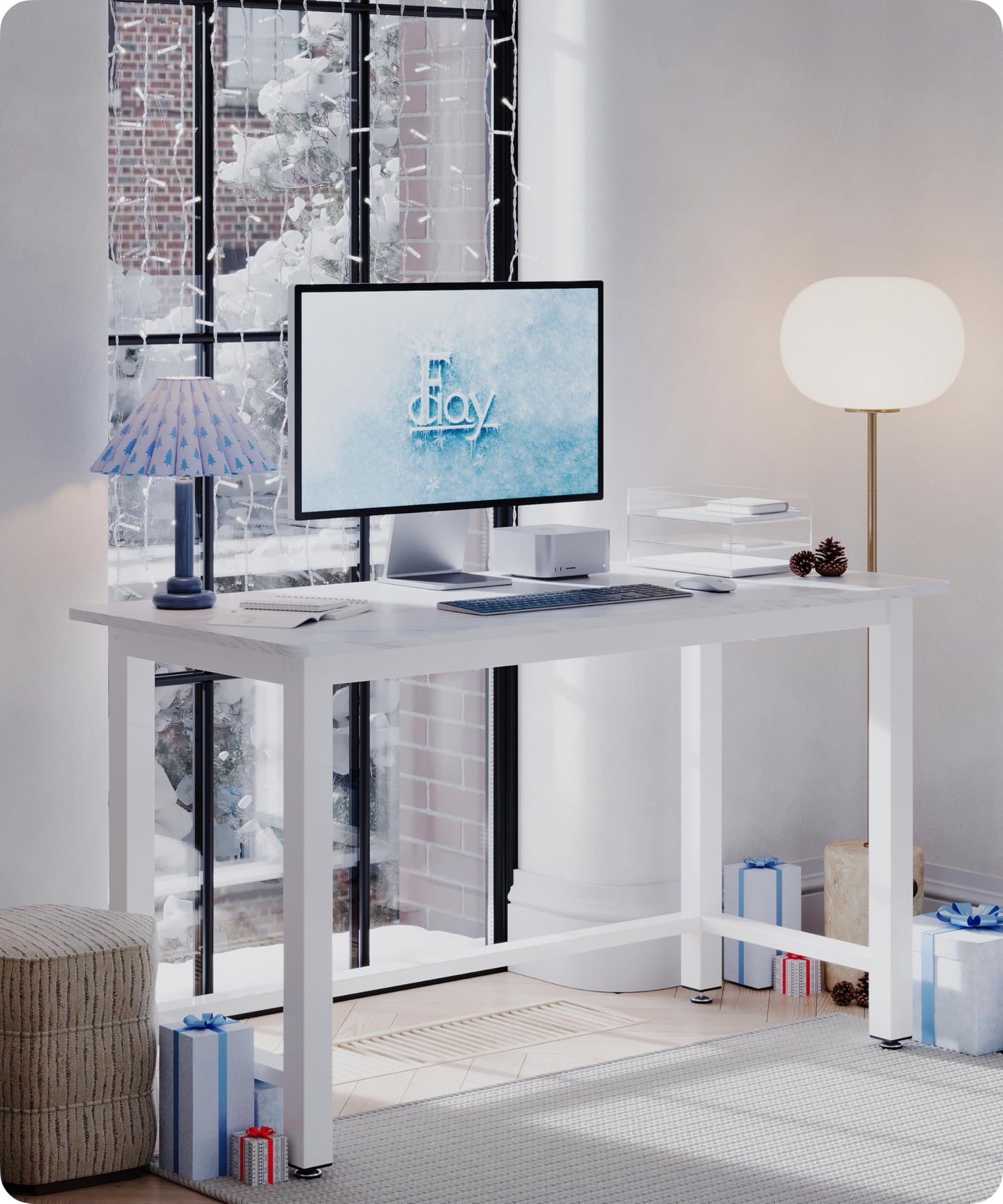 Fday 43" Home Office Desk Modern Computer Desk 43.3x23.6x29.5 inches PC Table with Thicken Frame Industrial Style Sturdy Metal Frame Furniture for Writing Gaming Marble White+White