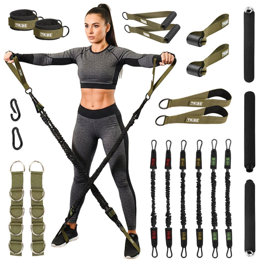 Tube Resistance Bands for Working Out Men and Women - 180lb Exercise Bands Set with Handles, Resistance Band Bar, Ankle Straps, Foot Straps, Door Anchor for Home Gym Strength (Military Green)