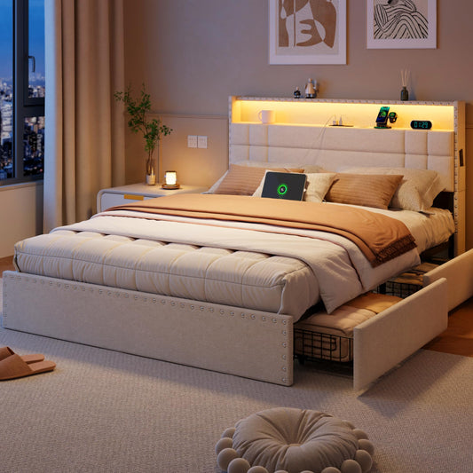 Forestell Queen Bed Frame with 4 Drawers and Storage Headboard, Upholstered Platform Bed Frame Queen Size with LED Lights and Charging Station, Metal Slats Support, No Box Spring Needed, Beige