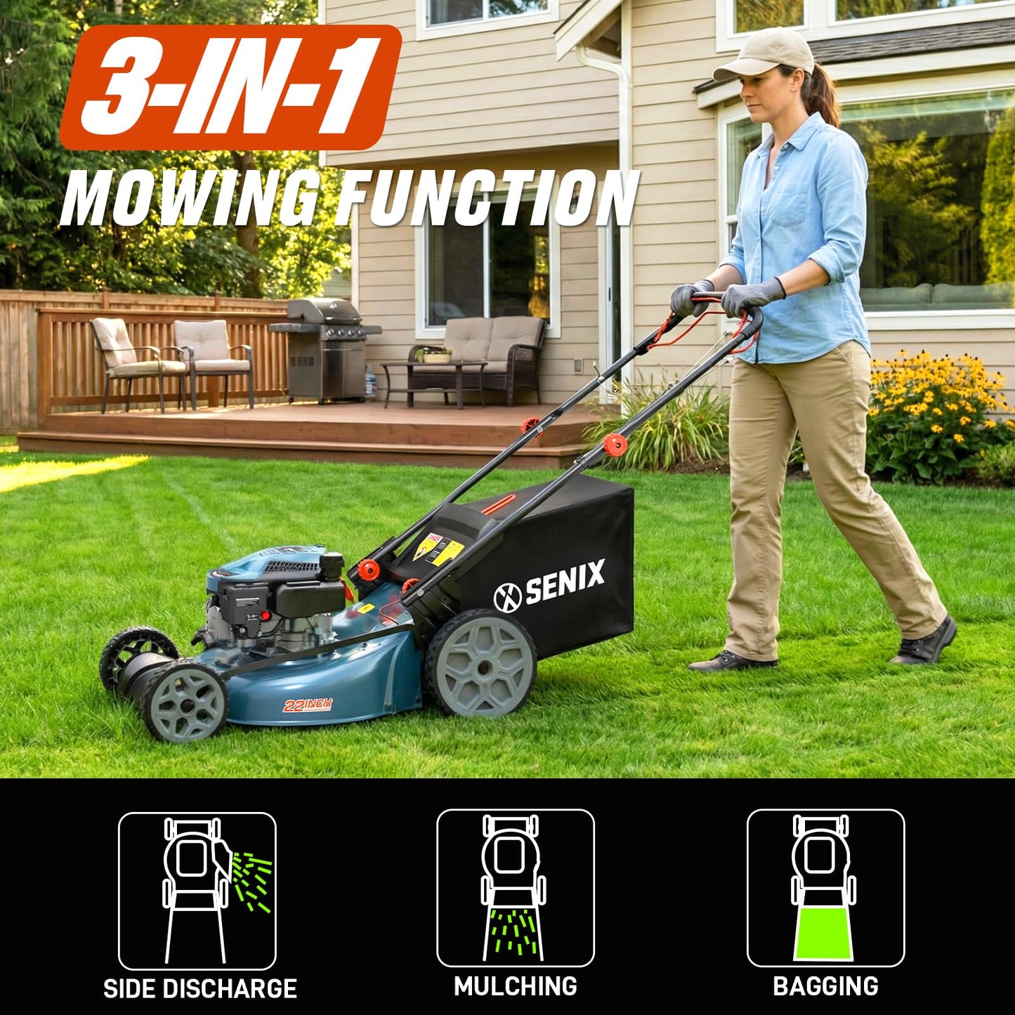 SENIX Gas Lawn Mower, 22" Self Propelled Gas Powered Lawnmower with 170cc OHV 4-Cycle Engine, 3-in-1 Walk-Behind Push Lawn Mower, 6-Position Height Adjustment