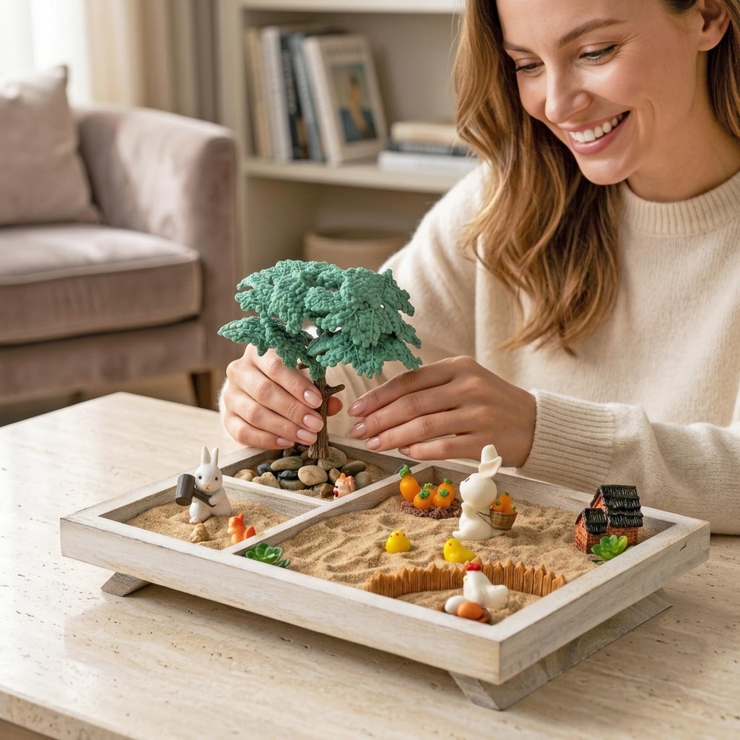 GudaAphrmix Zen Sand Garden Kit, Mini Farm Therapy Tray with Rake, Gift for Chirstmas Birthday, Wooden Sandbox Decor Home Office Desk with Miniature Chicken Coop Hen for Meditation and Stress Relief