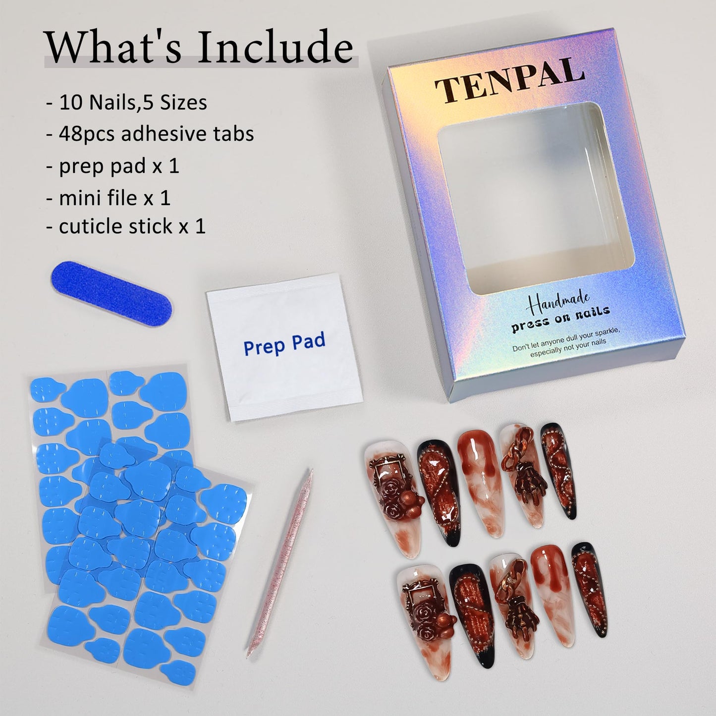 TENPAL 10Pcs Gothic Press On Nails With Tools,Blood Stain Black Red Long Stiletto Fake Nails, Distressed Roses Skull Hands 3D Art Designs Glue on Nails for Halloween Parties, Glossy Vampire Nails(M)