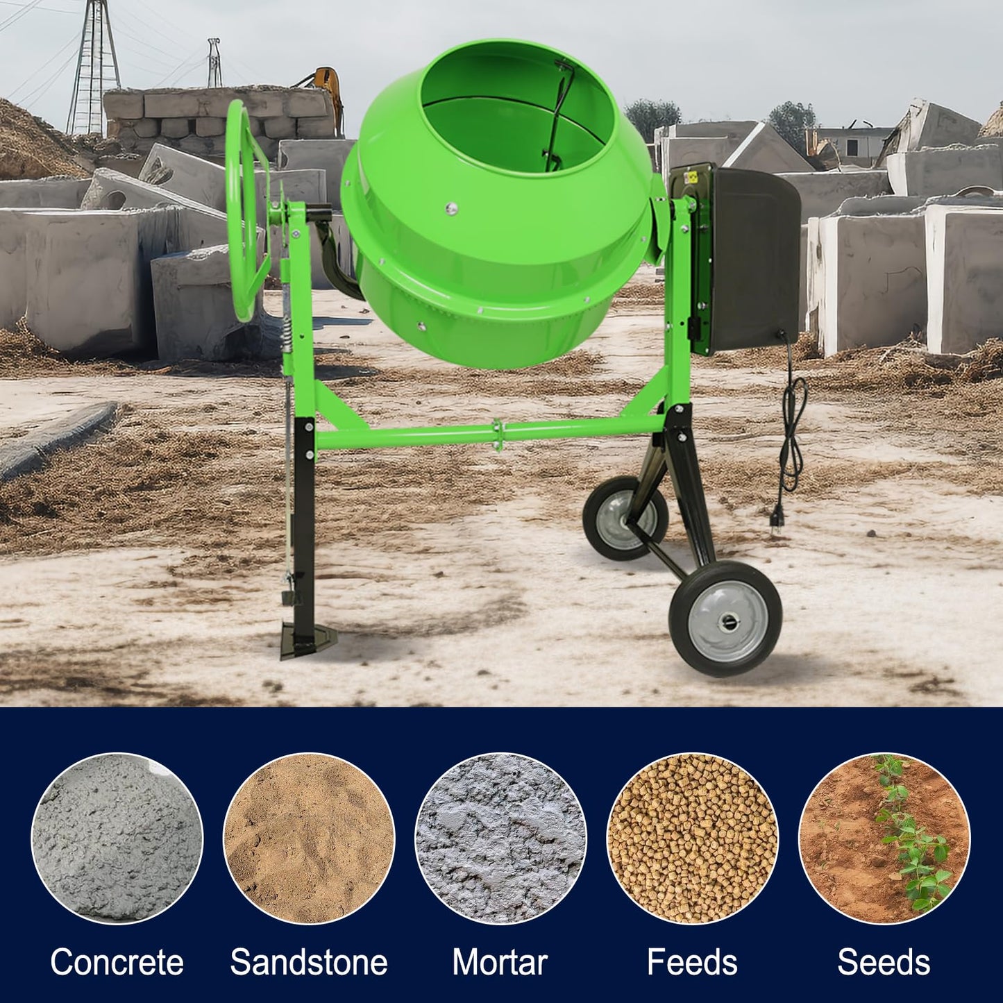 Cimcame Electric Concrete Mixer 5.0 Cu Ft Portable Wheelbarrow Cement Mixing Machine for Stucco Mortar Seeds