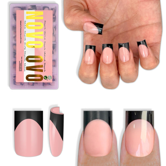 NOVO OVO Short Sharp Square Black French Tip Nail Tips Press on BABY PINK, Extra Thick NEED Nail Glue Builder Gel Top Coat, Soft Gel Full Cover Fake Flase Nail Extension for DIY x 15 Sizes 240 pcs