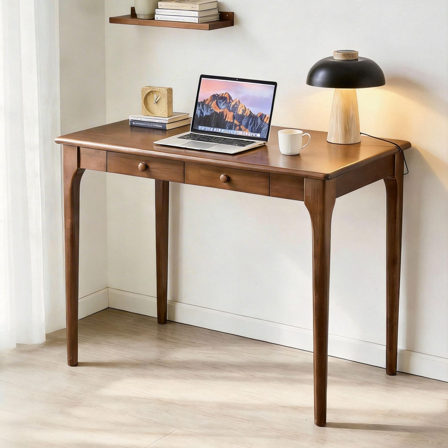 KTVVKTVV Natural Solid Wood Desk with Drawers,Mid Century Modern Real Wood 40" Writing Desk,Home Bedroom Computer Office Workstation Desks,Small Spaces,Walnut Color