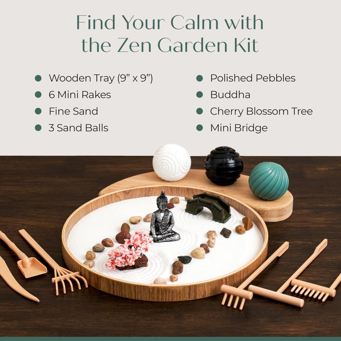 Zen Garden for Desk – Mini Zen Garden Kit for Calming Stress & Relaxing - Japanese Sand Box with Tray, Buddha, Tree, Sand, Rakes, Pebbles & Balls – Sensory Relaxation Gift for Home & Office Decor