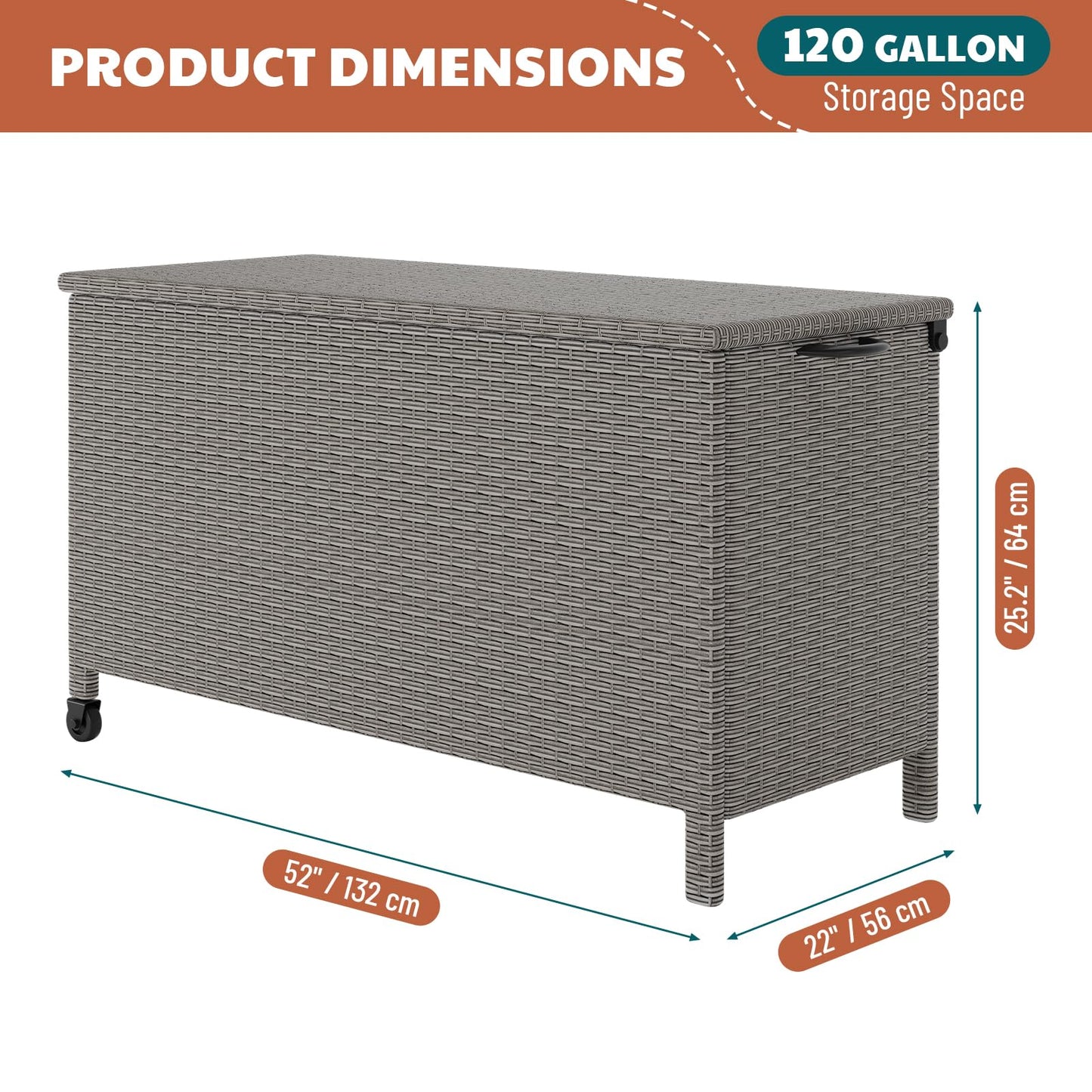 HarmonyHealth 120 Gallon Rattan Deck Box, Outdoor Storage Box With Wheels and Handle, Waterproof Large Storage Bench Organizer for Patio Backyard Cushions, Pool Supplies and Garden Tools, Grey