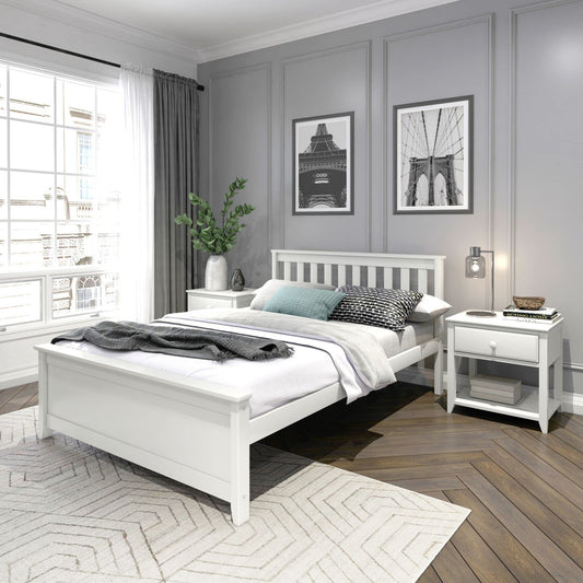 Plank+Beam Solid Wood Full Bed Frame, Platform Bed with Headboard, White