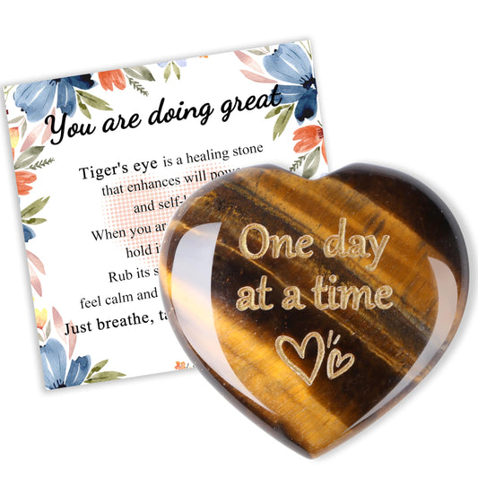 QINJIEJIE Tiger Eye One Day at A Time Heart Stones Healing Crystal Thinking of You Gifts for Anxiety Relief Items You Got This Inspirational for Best Friend Encouragement Gift for Women Men