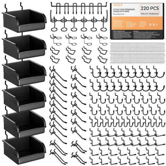 INCLY 220PCS Extra Thick Pegboard Accessories Organizer Kit for 1/4 Inch Pegboard, Heavy Duty Black Pegboard Hooks with Bins & Peg Lock, Peg Board Hooks Assortment for Garage Wall Hanging Tools