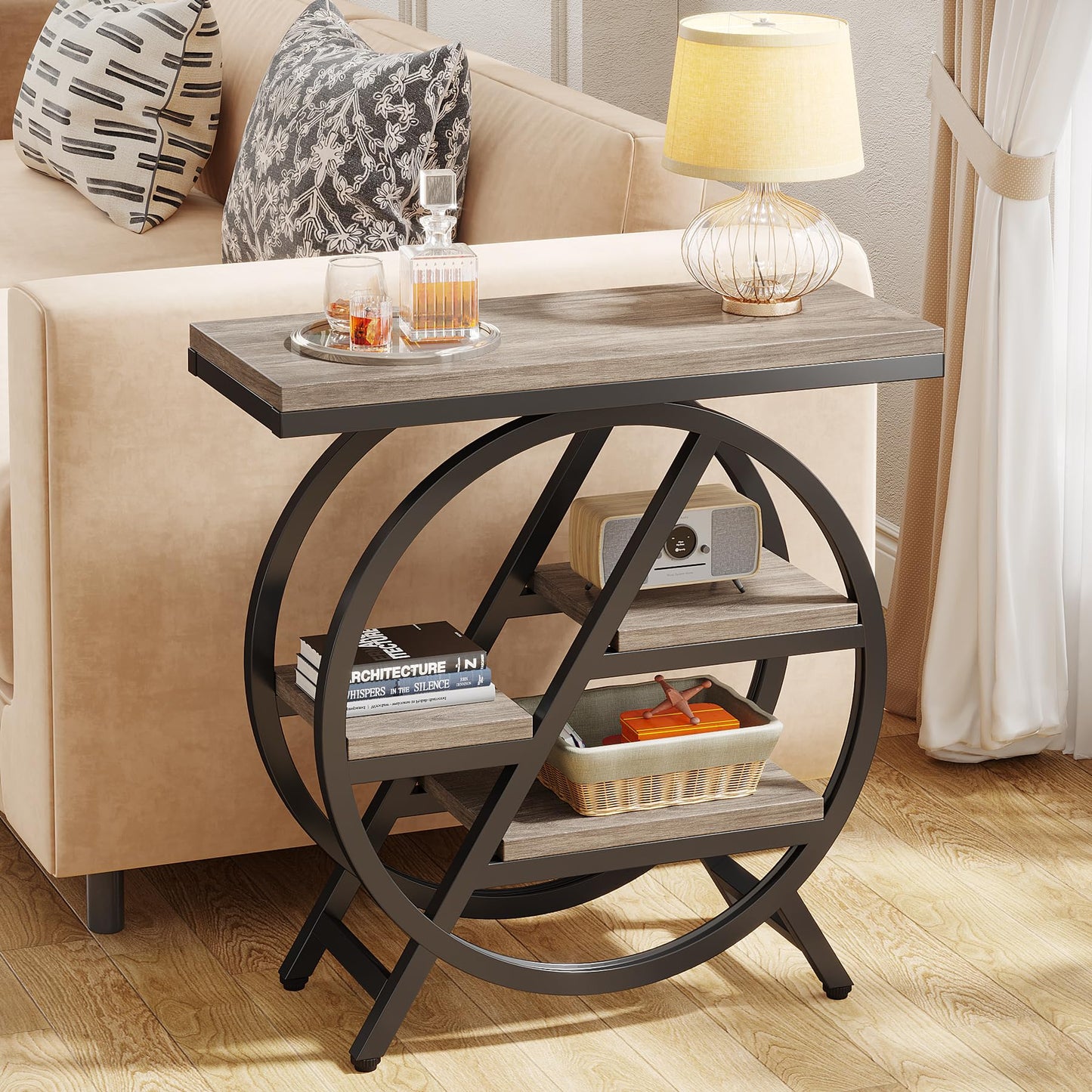 LITTLE TREE End Table, Narrow Side Table with 4-Tier Large Storage Space, Modern Bedside Table for Living Room, Home Office, Bedroom, Grey
