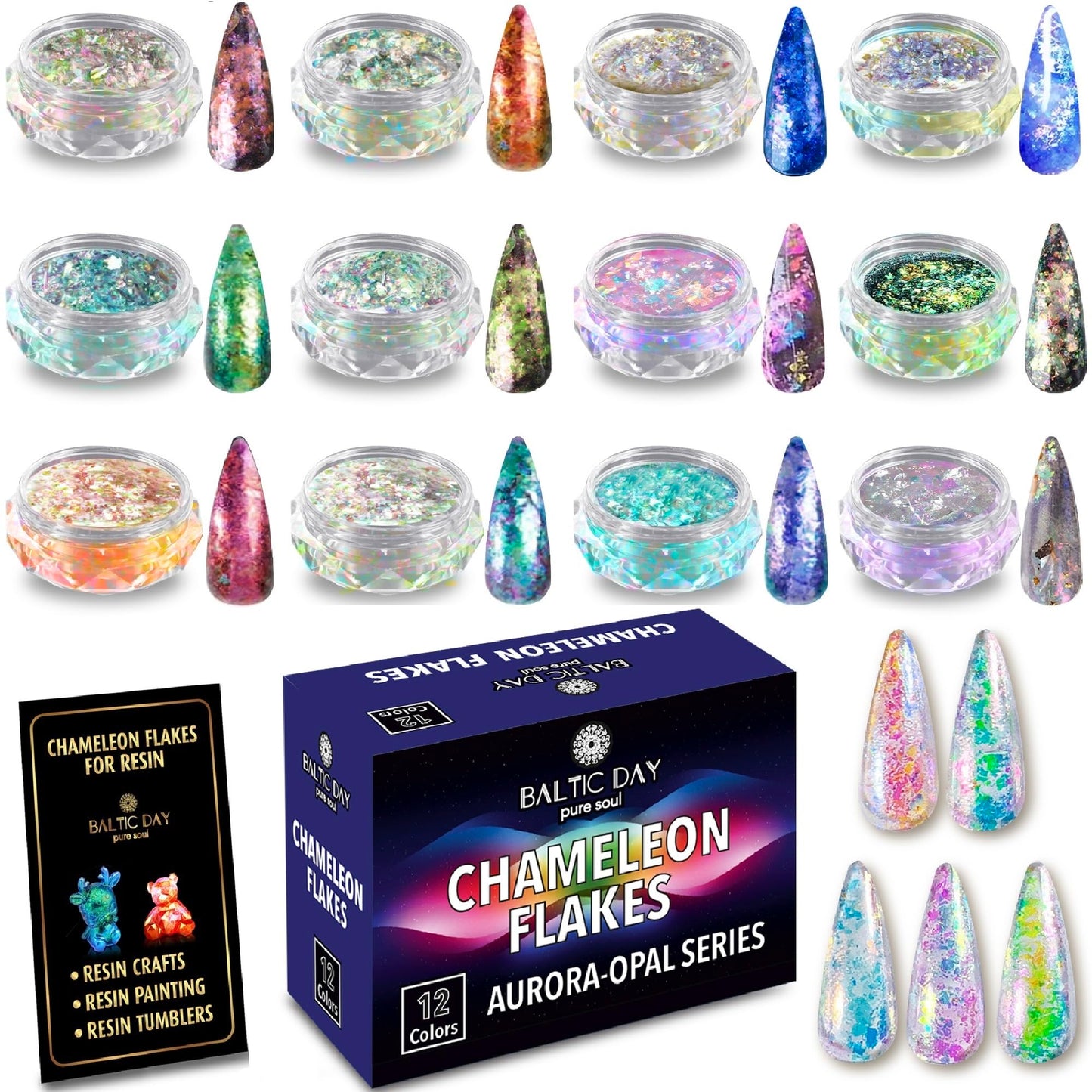 Chameleon Flakes - Chameleon Flakes for Resin - 12 Iridescent Flake - Intense Colorshift Mica Powder Pigment - Chrome Opal Pigments for Tumblers, Molds, Nail Art, Eyeshadow, Paints, Soap Making