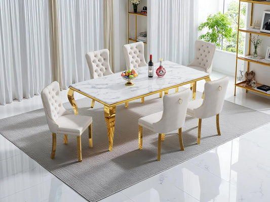 70" Faux Marble Dining Table Set for 6, Modern Marble Dining Room Table with 6 Beige Velvet Dining Chairs Set, Luxurious Kitchen Table with Gold Stainless Steel Pedestal, 7 Piece Dining Table Set