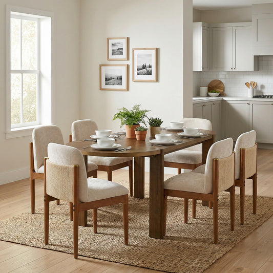 Christopher Knight Home Polly Modern Dining Table Set for 6, Solid Wood Kitchen Table and Dining Chairs Set of 6, Rubberwood Dining Room Table Set 6, Beige+Walnut