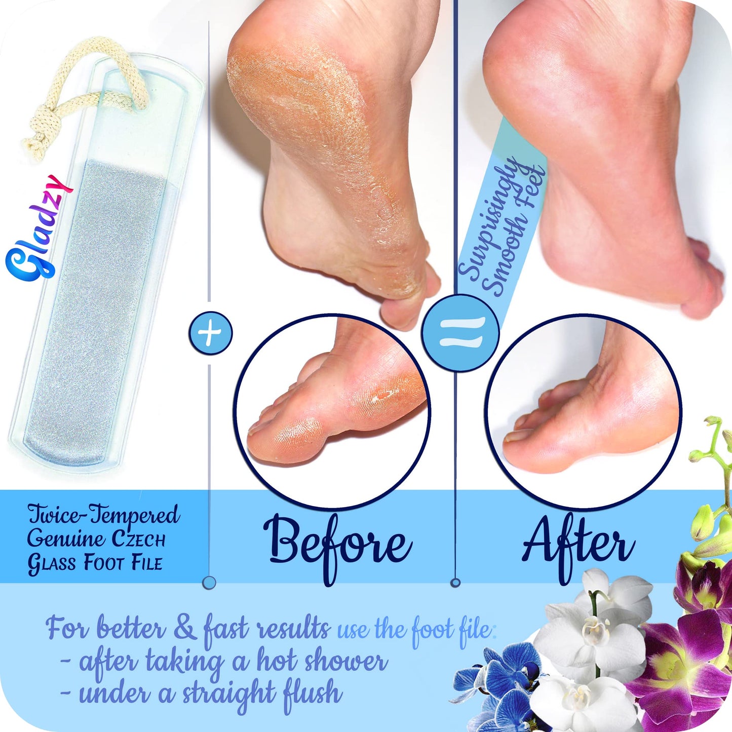 Genuine Czech Glass Nail File Set by GLADZY - Callus Remover Foot Rasp, Cuticle Pusher Manicure Stick, Double Sided Etched Different Grit Surface, Professional Nail Care Tool Kit, Made in EU