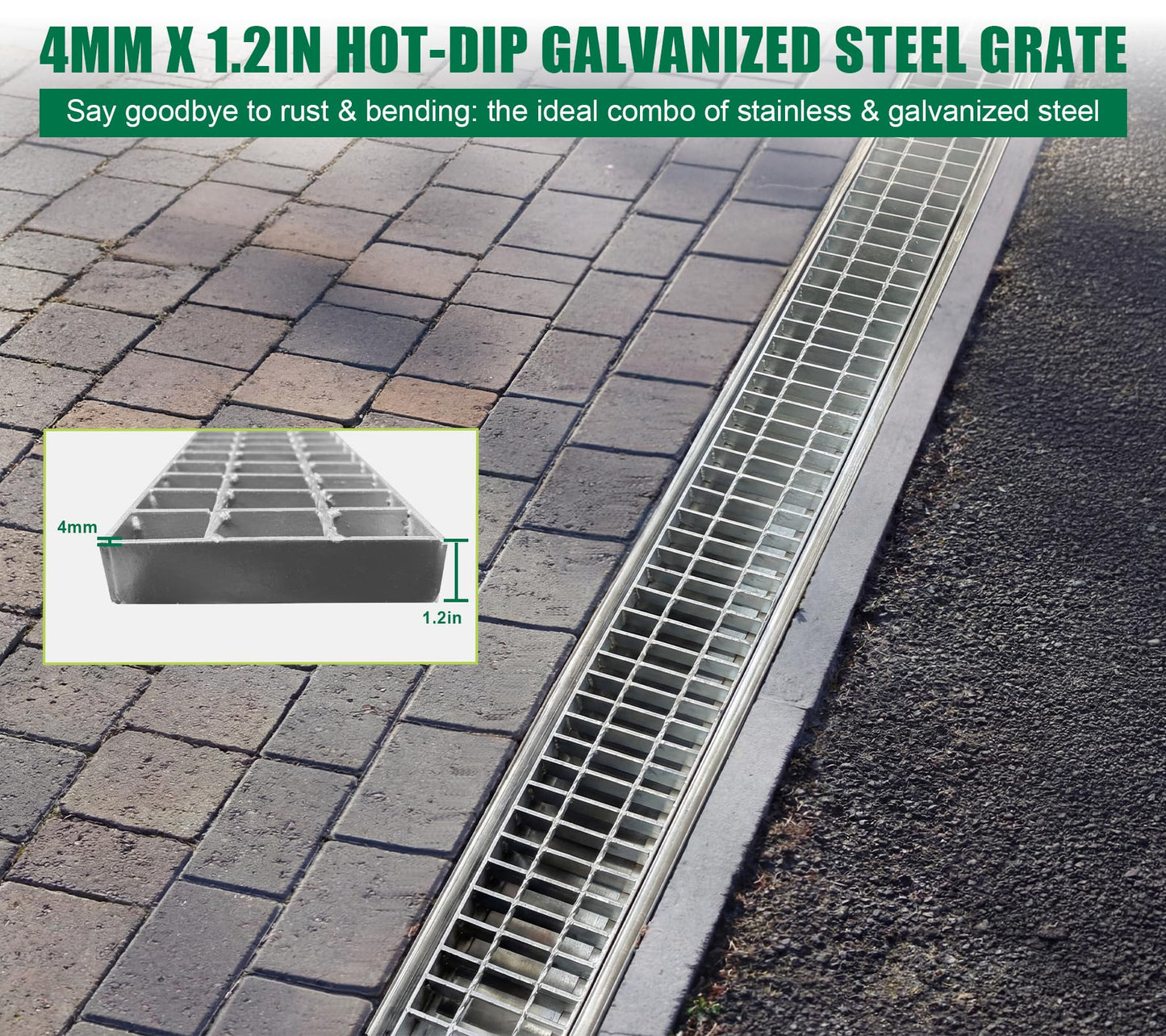 Natotela Driveway 304 Stainless Steel Channel Drain with Galvanized Steel Grate-39.4x7.1x6.3in B125 Heavy Duty Metal Trench Drain System,Durable Outdoor Drainage System for Garage,Parking Lot