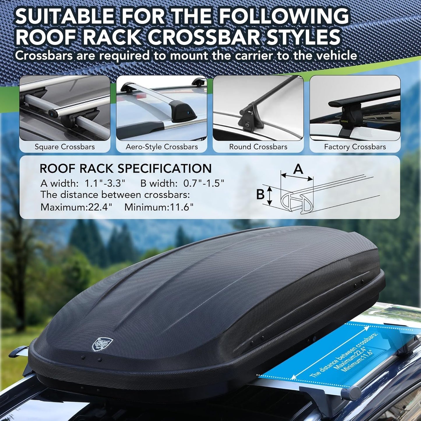 Garvee Rooftop Cargo Box Carrier Dual-Side Opening,12 Cubic Hard Shell Rooftop Cargo Carrier,165Lbs Weight Capacity with Secure Straps&Keys