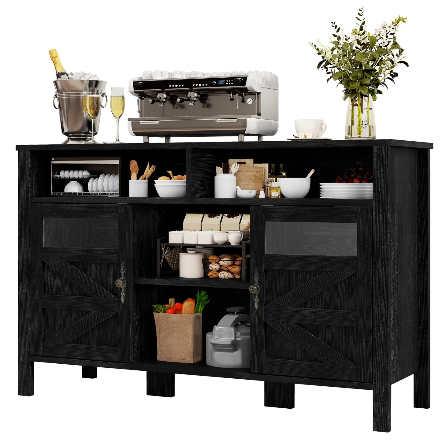 YITAHOME 55'' Farmhouse Buffet Cabinet with Storage, Large Sideboard Cabinet with 2 Doors & Open Storage, Versatile Coffee Bar Table for Kitchen & Living Room (Black)