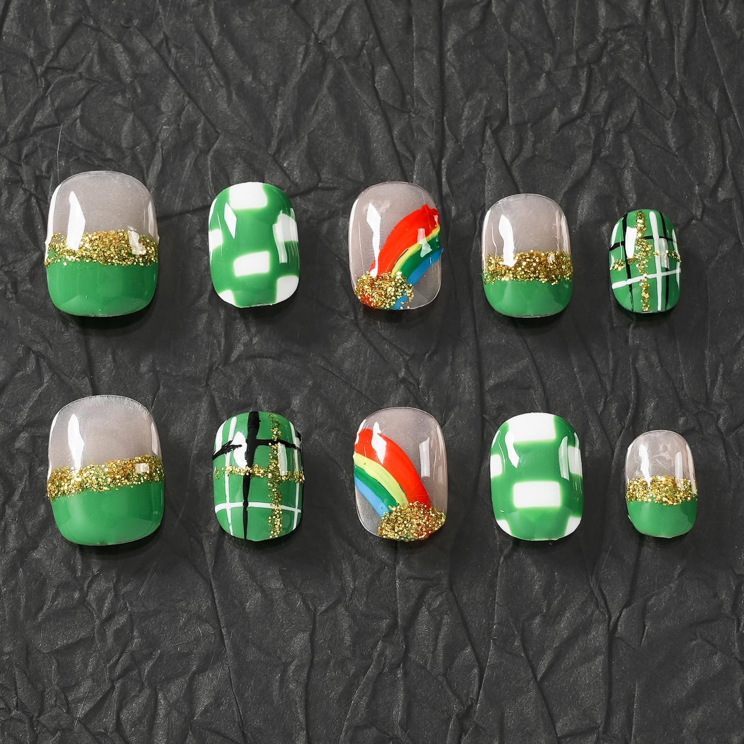 Tesytto Extra Short Press On Nails - Nude Base with Green French Tips & Gold Glitter, Hand-Painted Plaid & Rainbow,Easy to Apply & Remove (Size S)