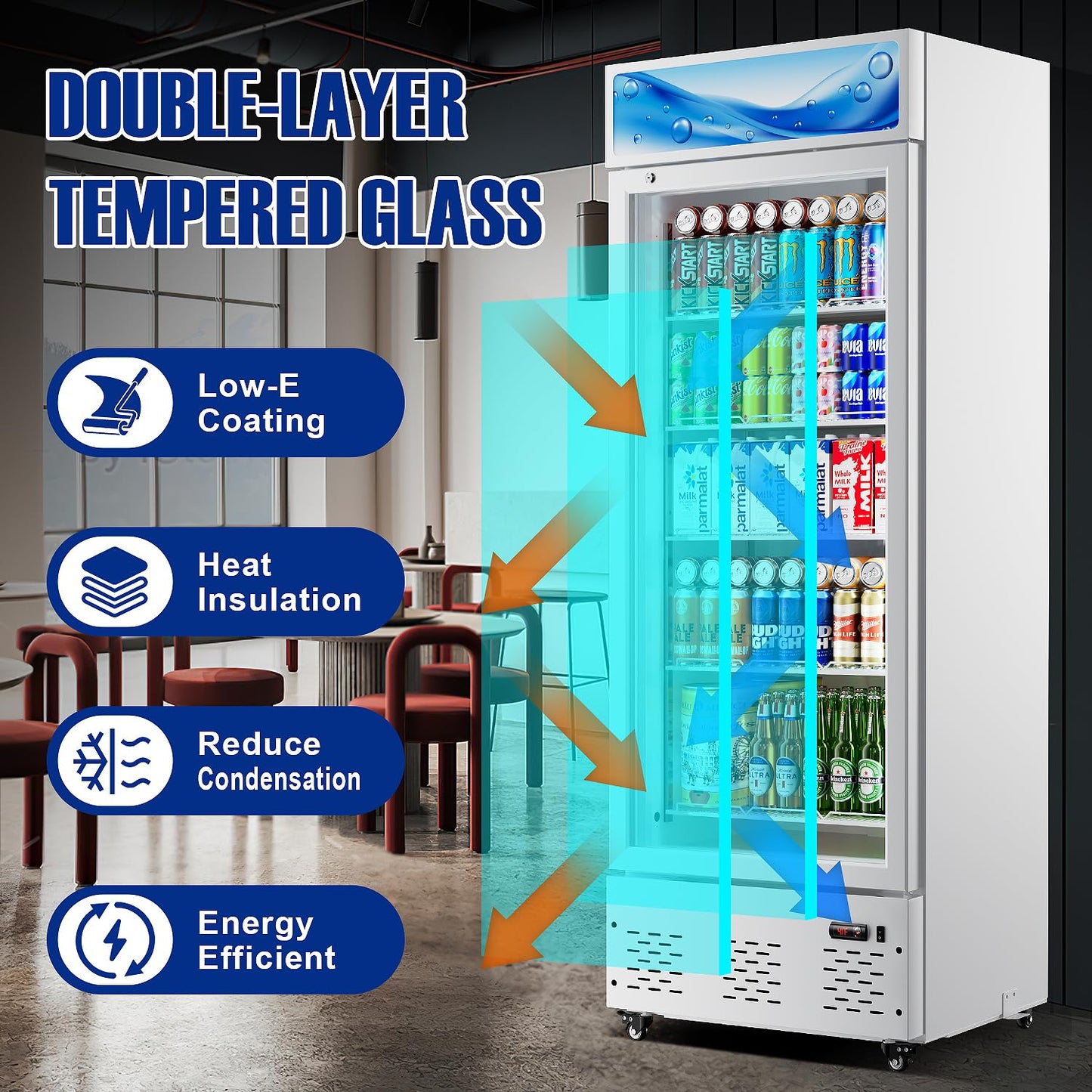 ECEVT 26.8'' W Commercial Beverage Fridge, 15 Cu.ft. Merchandiser Refrigerator Glass Door Upright Display Cooler with LED Light and Adjustable Shelves for Restaurant Grocery Stores Home, White