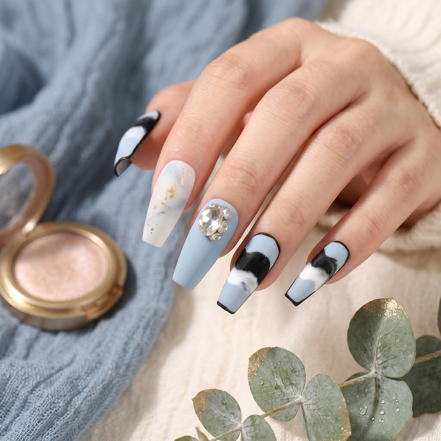 Sun&Beam Nails Handmade Long Coffin Ballerina Black Blue False Nail Tips with Cute 3D Diamond Popular Charm Design Press On Nails 10 Pcs (#71 M) (FN-HM-071-M.AU)