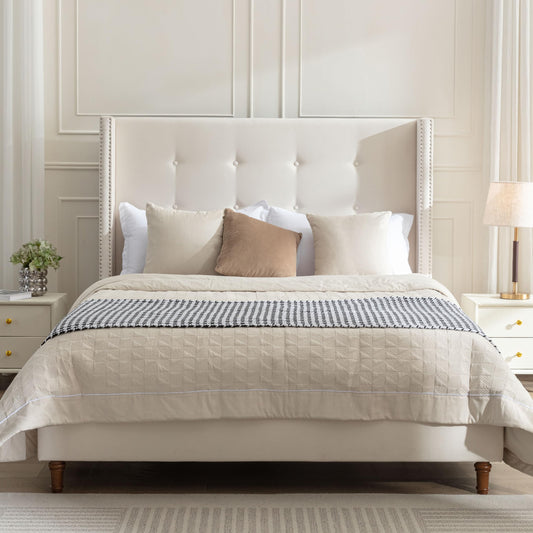 GDFStudio Tall Headboard Upholstered Bed,Queen Size Platform Bed Frame with Headboard Nailhead Trim Wingback,54" High No Box Spring Needed Easy Assembly Traditional Hand Buttoned Tufting Ivory Velvet