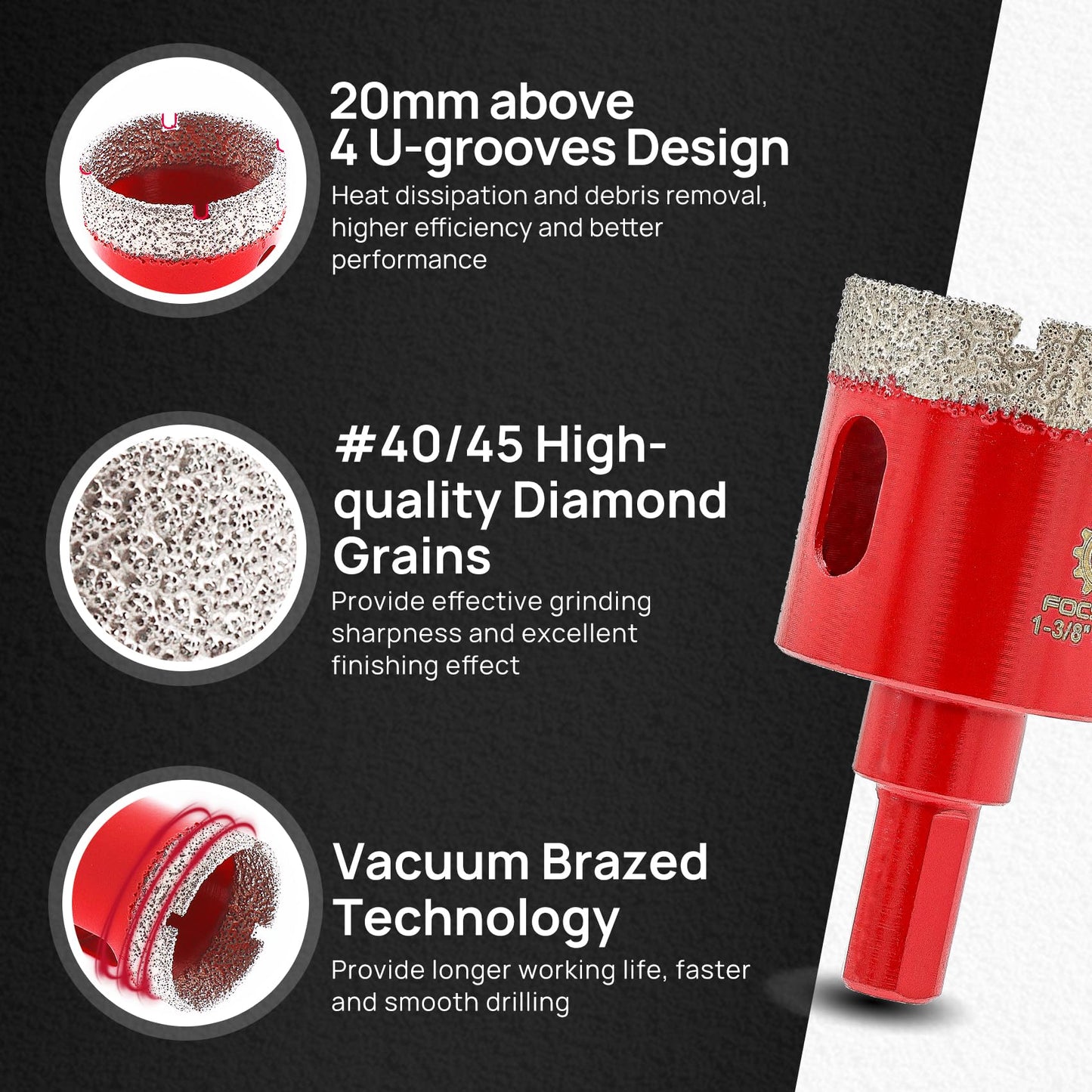 Diamond Core Drill Bits Set - FOCSTOL 10pcs (6/8/10/20/25/28/32/35/50mm+35mm Beveling Chamfer Bit) Hole Saw Kit with Triangle Shank for Porcelain Tile Ceramic Granite Marble