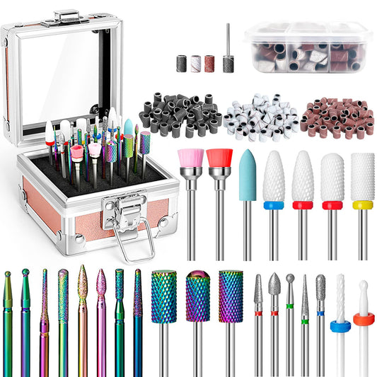 Onism 25Pcs Nail Drill Bits Set with 75Pcs Sanding Bands (80#/120#/180#), High-Precision Tungsten Carbide & Ceramic Efile Bits for Acrylic Gel Removal, Cuticle Care Kit with Organizer Box,Pink