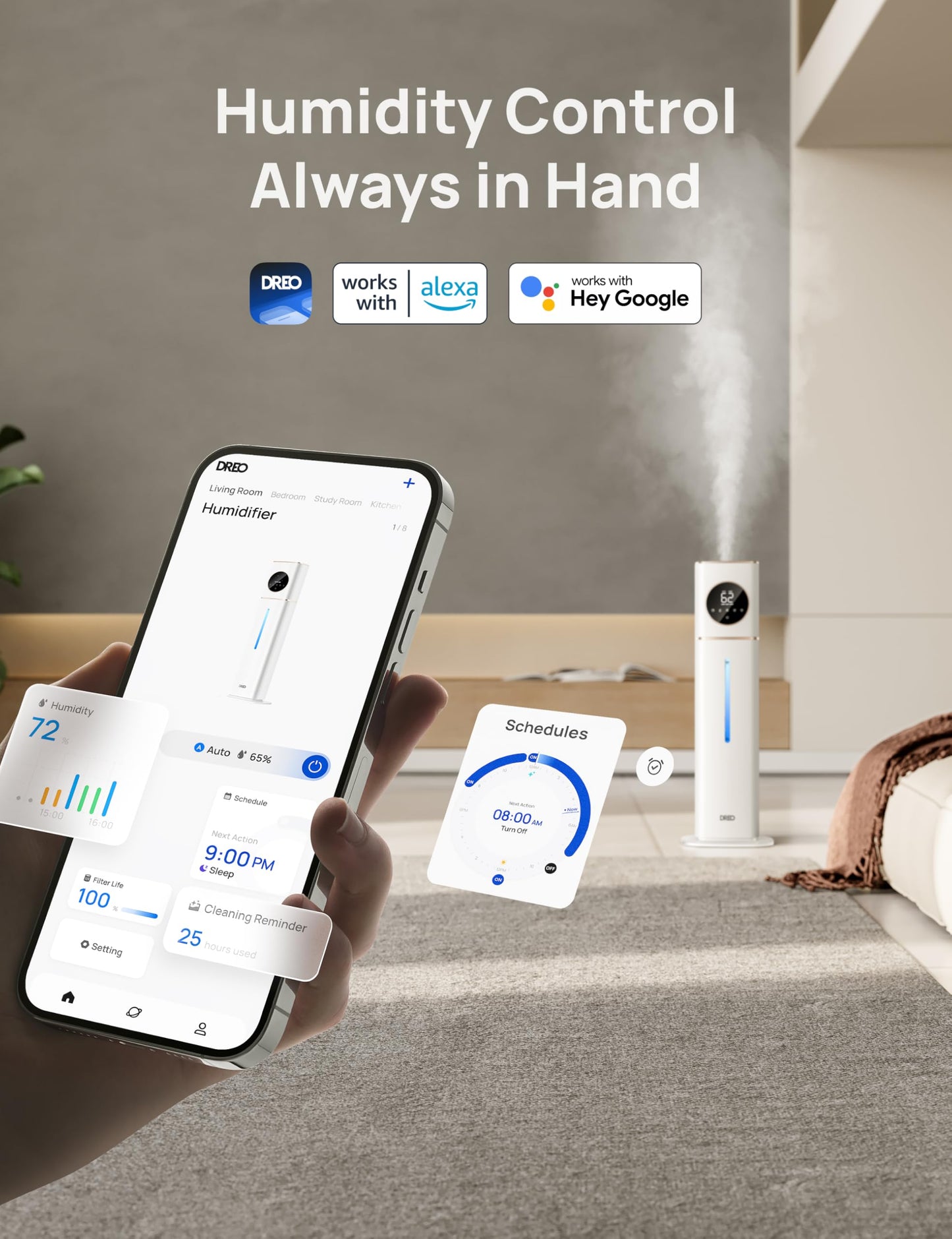DREO HM735S 11L Smart Humidifier Large Room 700 ft², 100H Cool Mist Air Humidifiers for Bedroom, Top-Fill, Clean Tank Technology, 26dB, Auto Mode, Aroma Box, RGB, Remote & APP Control, Baby, White