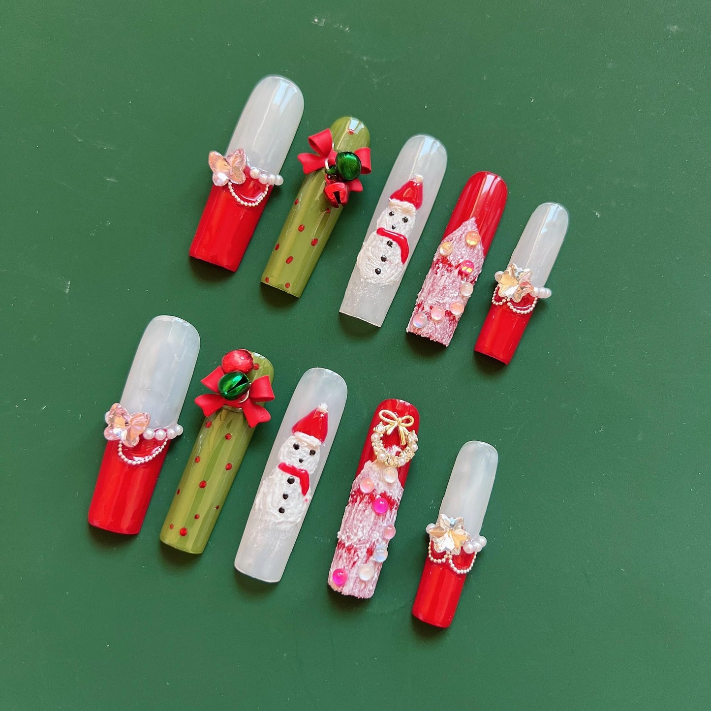 NAIL ANGEL 10PCS/SET Glamorous Handmade Press On Nails Christmas Xmas Holiday Bell Snowflake French Style Long Coffin Nails Party Nails XXL Long Artifical Tips ZJ14 (ZJ14, M)